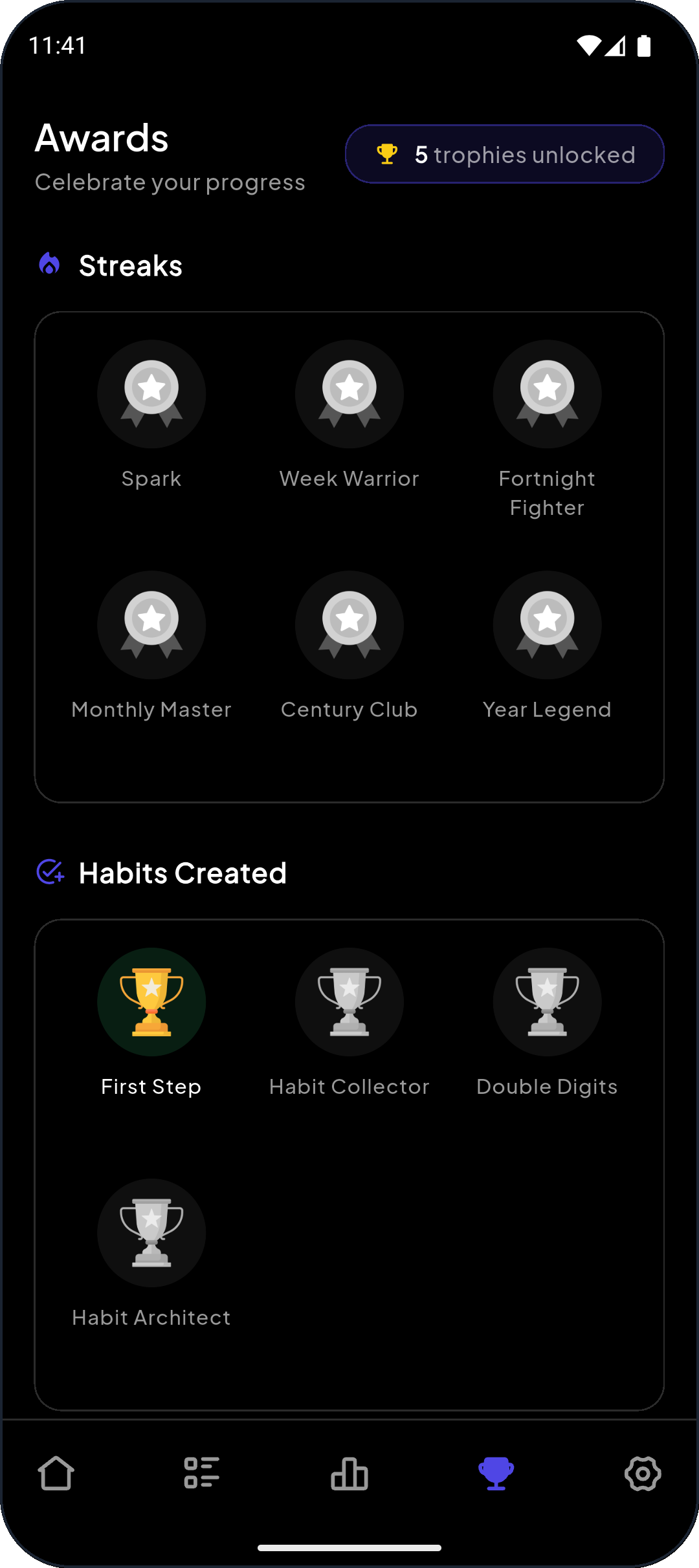 Daymarker awards screen showing unlockable badges across categories