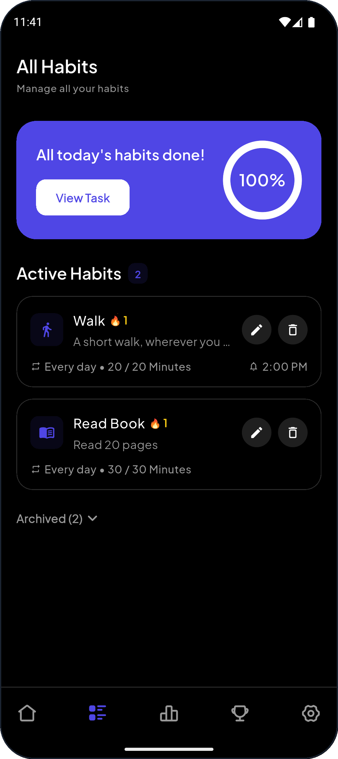 Daymarker all habits screen listing active and archived habits