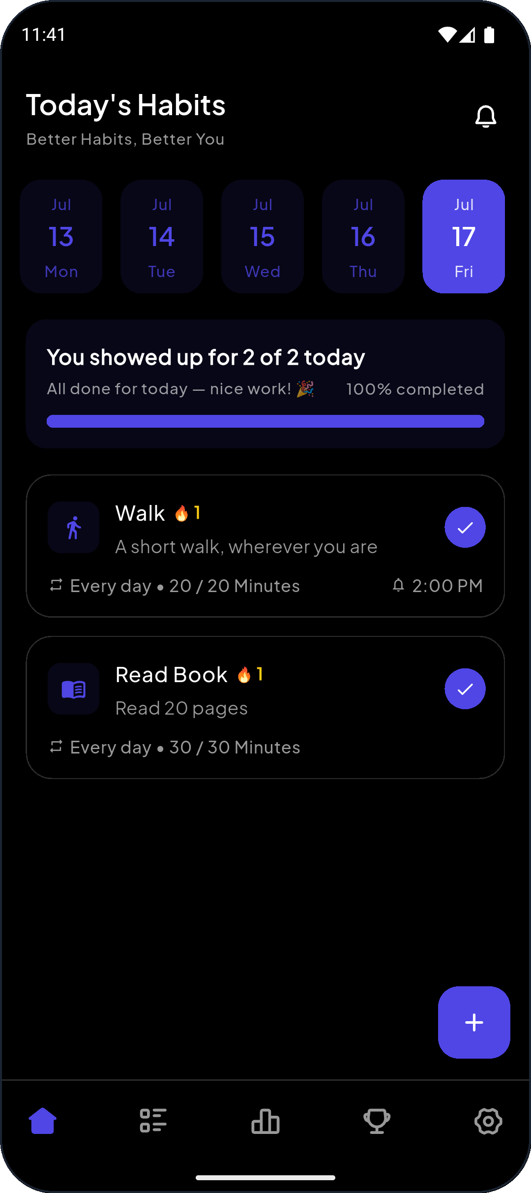 Daymarker home screen showing today’s habits and daily progress