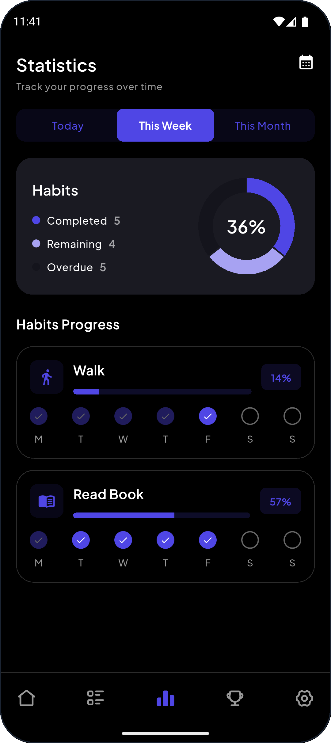 Daymarker statistics screen with weekly completion chart and per-habit progress bars