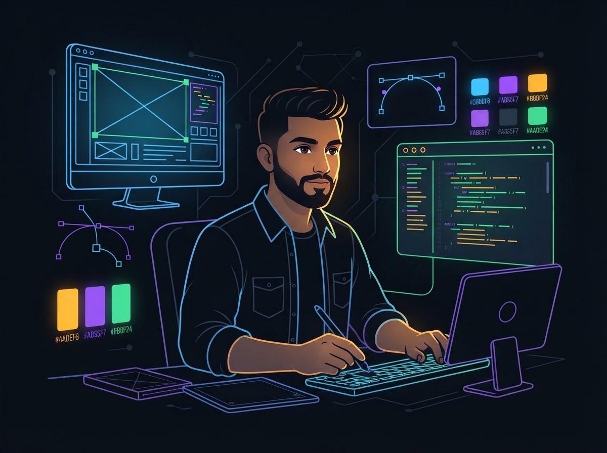 Polymath illustration of a person surrounded by icons for drawing, code, and reading