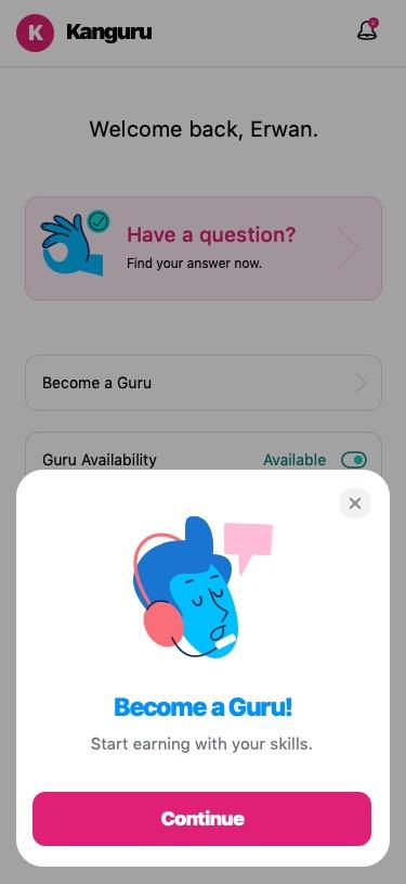 Canguru modal inviting a user to become a guru and start earning