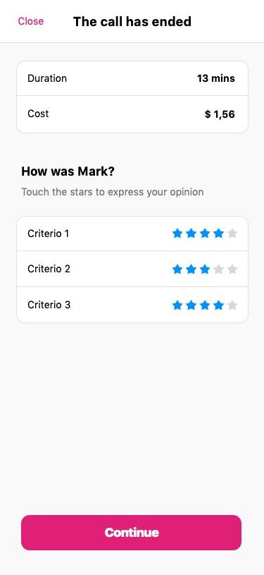 Canguru post-call summary screen with duration, cost, and a star rating form