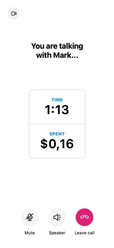 Canguru in-call screen showing elapsed time and running cost