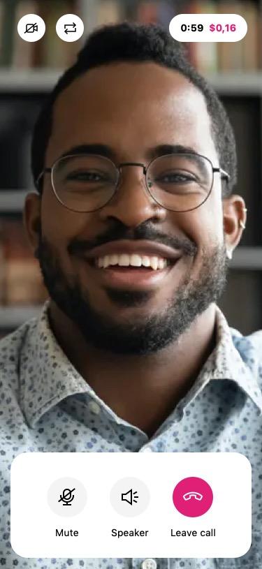 Canguru live video call screen with mute, speaker, and leave call controls
