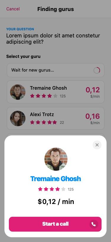 Canguru screen showing a list of available gurus matched to a question, ranked by rating and price