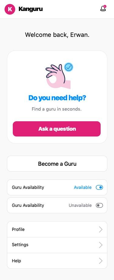 Canguru guru-side screen with accept or decline options for an incoming question