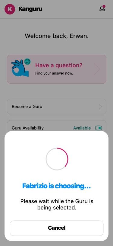 Canguru guru profile modal with rating, per-minute rate, and a start call button