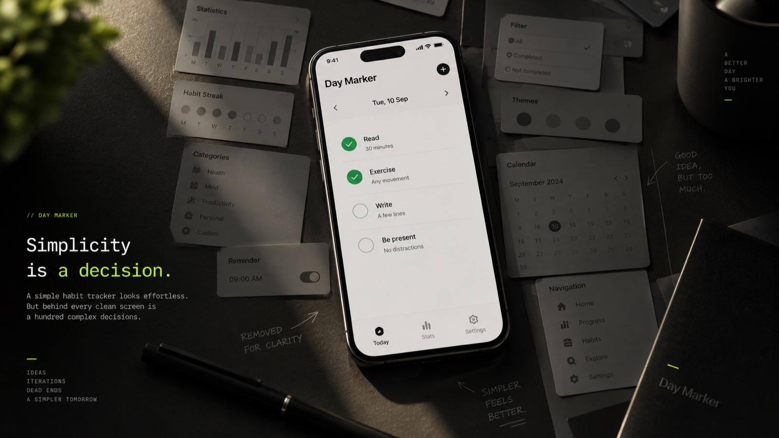 A cluttered dashboard next to one clean screen with a single obvious action