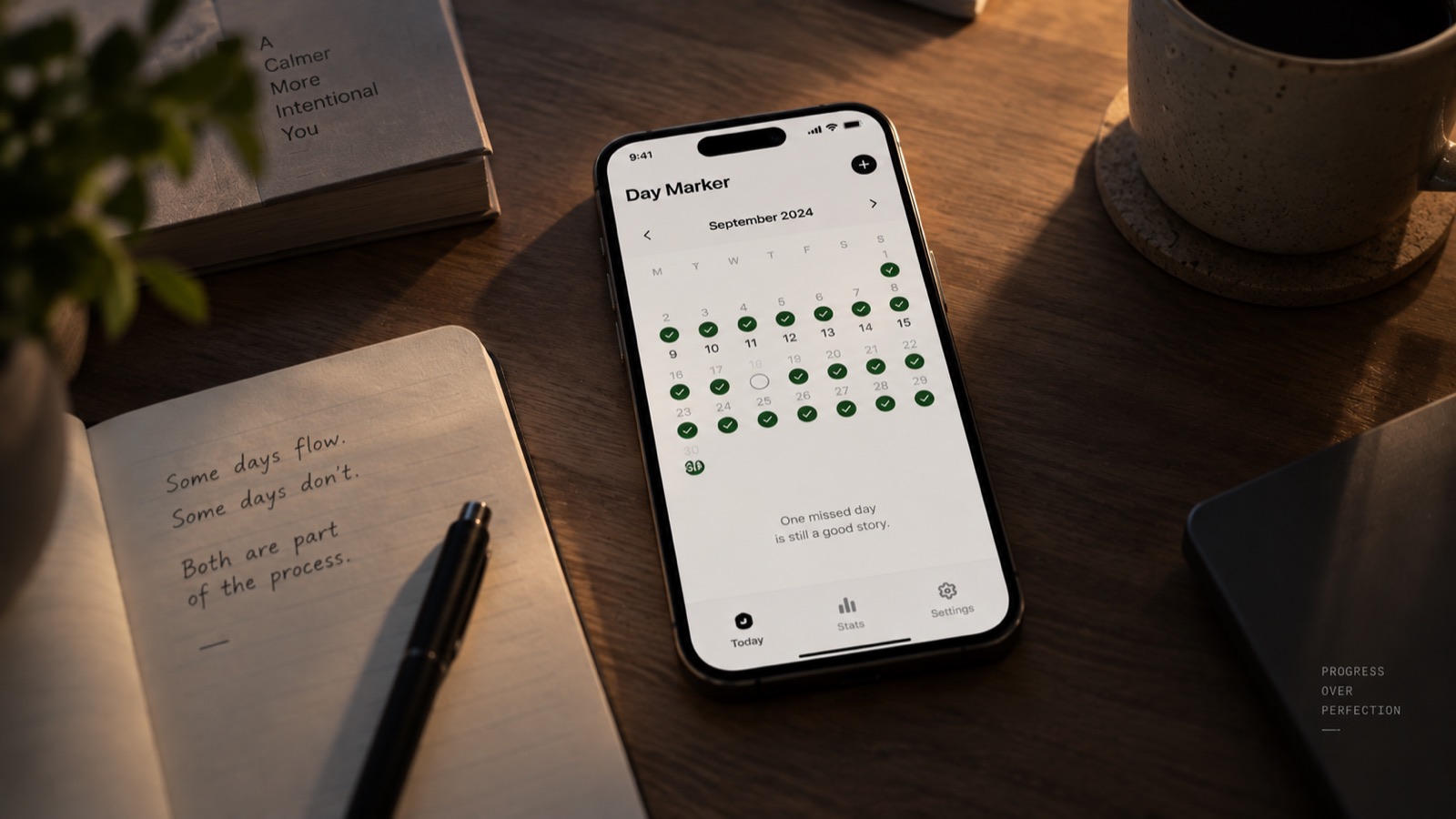 A streak calendar showing a missed day as a soft gray mark instead of a broken counter reset to zero