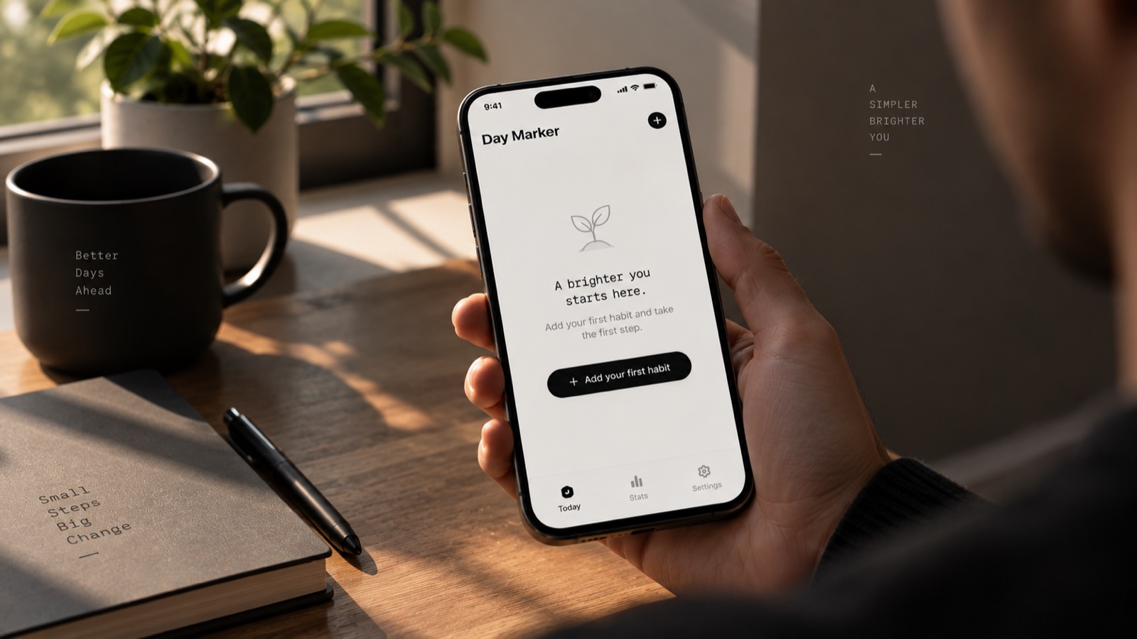 The very first empty screen of the app inviting the user to add just one habit