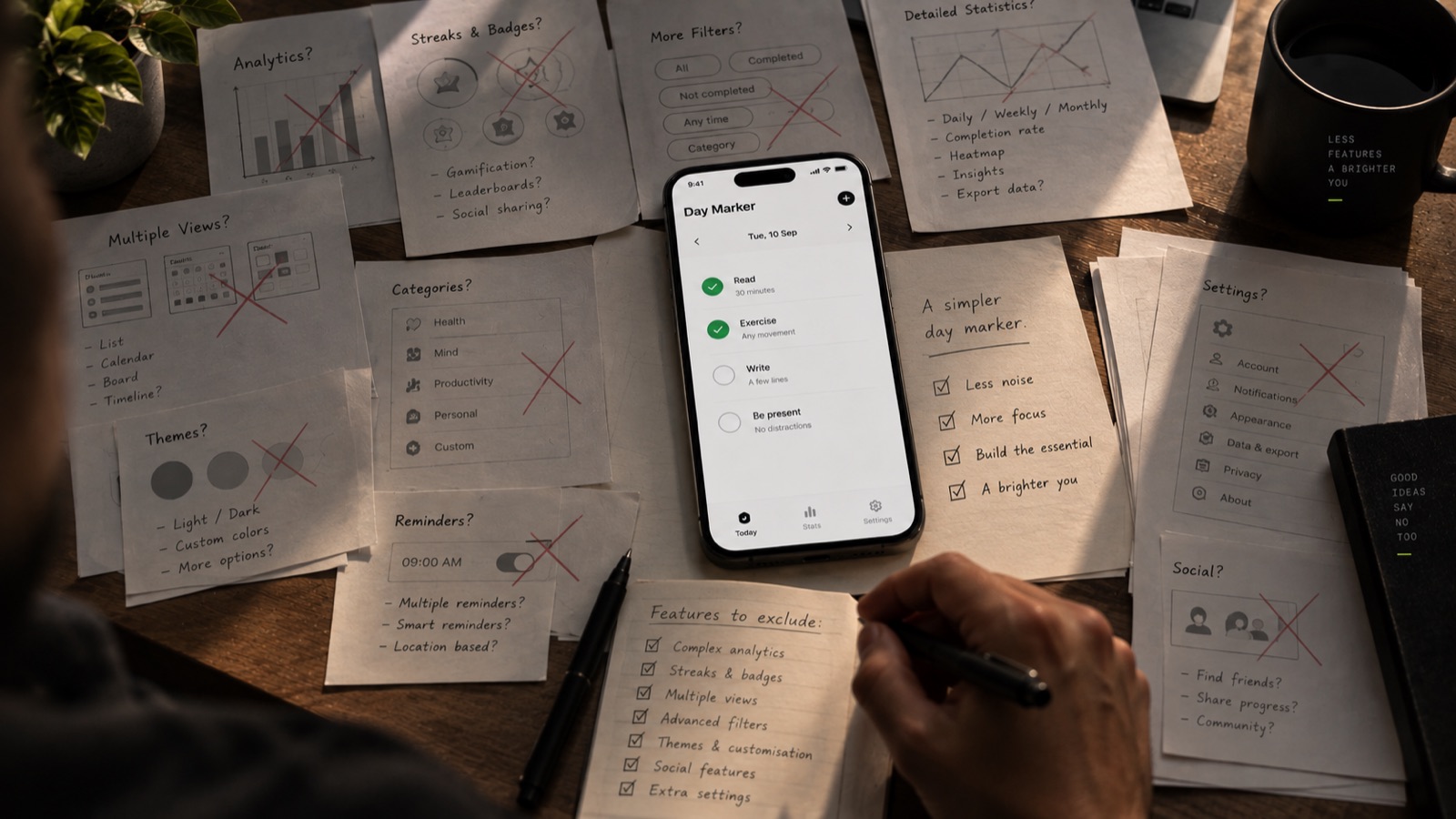 A pile of crossed-out feature ideas—analytics, filters, dashboards—next to the one simple screen that shipped