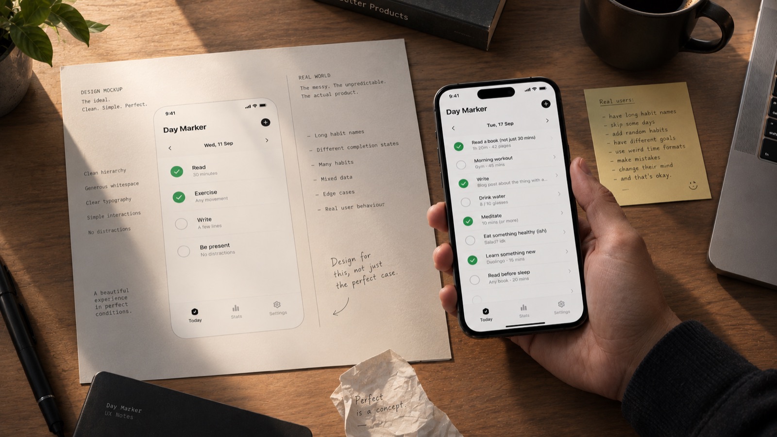 A real screen full of edge cases—long names, overflowing lists—next to a pristine design mockup