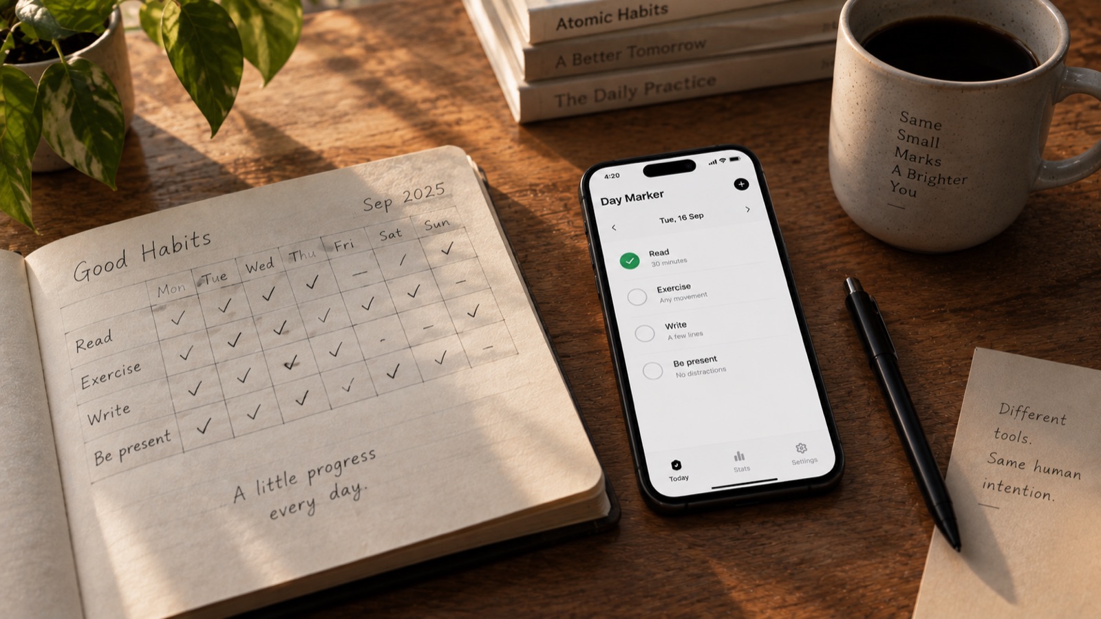 An old paper calendar with pen marks next to a phone screen showing the same simple daily mark