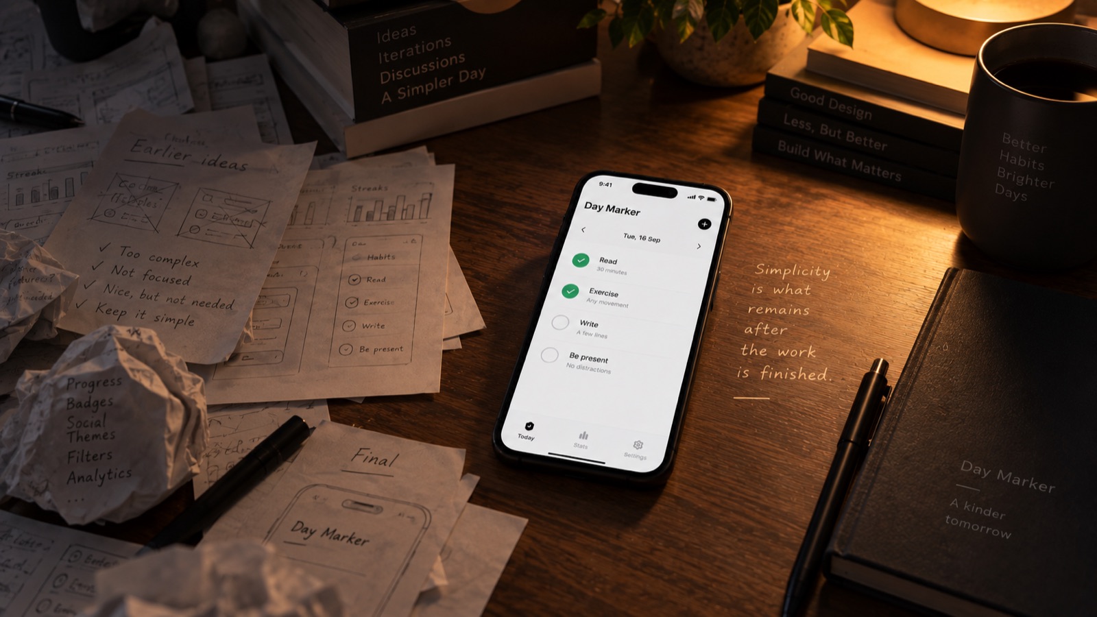 Layers of crumpled wireframes and sketches behind one clean, final screen